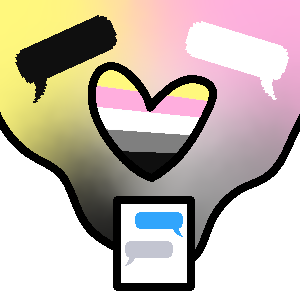 a well drawn symbol with a heart in the centre, it has the queerplatonic flag inside the heart (the flag is stripes of yellow, pink, white, grey and black) and the heart is outlined with black. below the heart there is a little white box with a grey and blue text message in it, no words on them. above the heart there are two more on no screen, one is white and one is black. behind everything is the same colours as the heart, but blended together. also outlined in black.